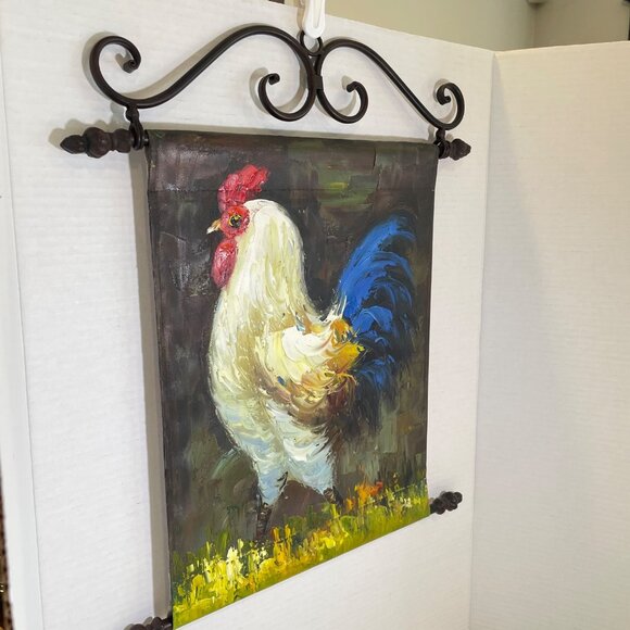 Hand-Painted Rooster Canvas Wall Painting Art with Decorative Metal Scroll Frame - Picture 4 of 10